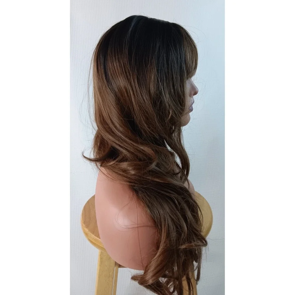 Straight layered Wavy Long synthetic black W/ brown Highlights Bang hair wig 26